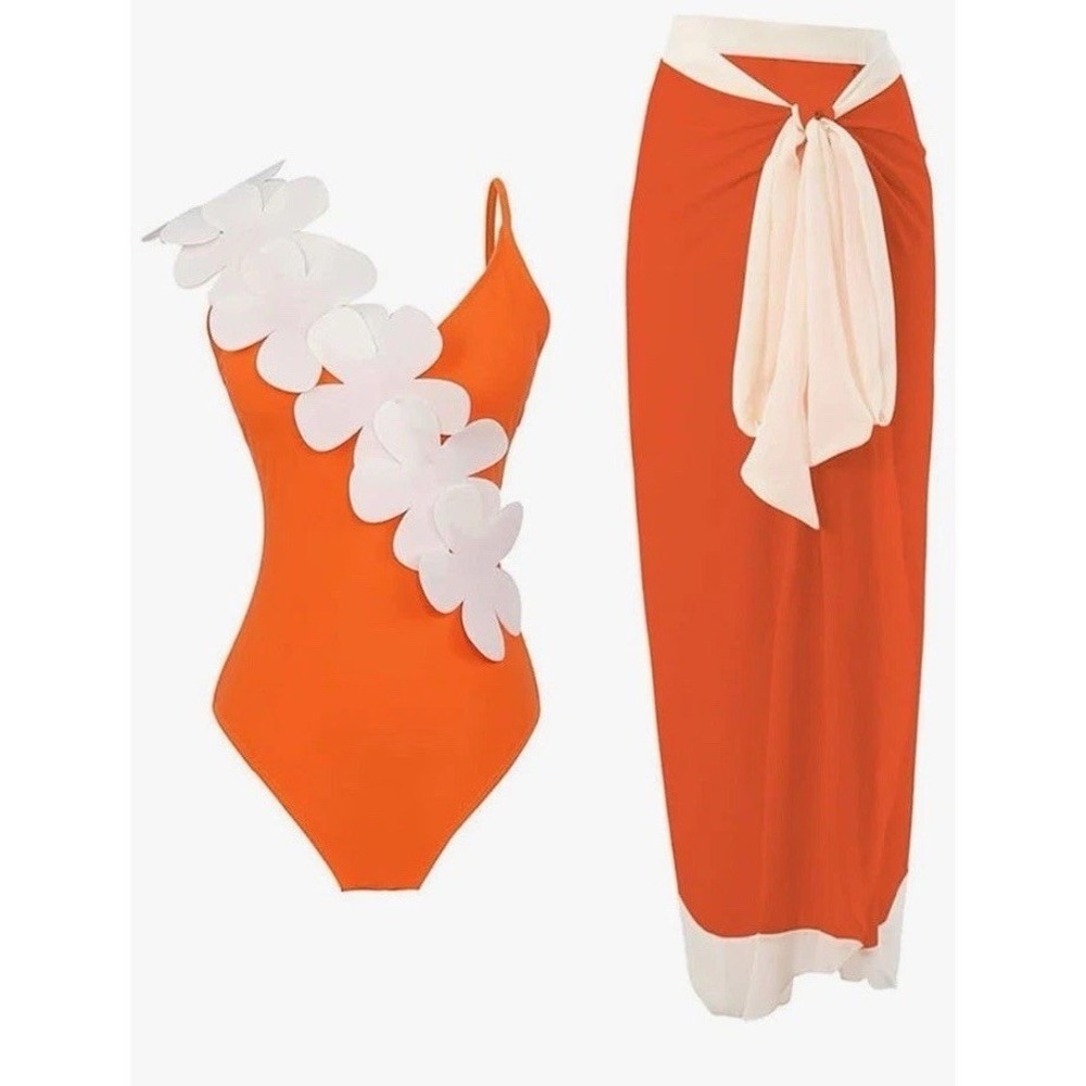 Fymnsi One Piece Swimsuit Women Medium Orange Like New Flower Strap Skirt Set